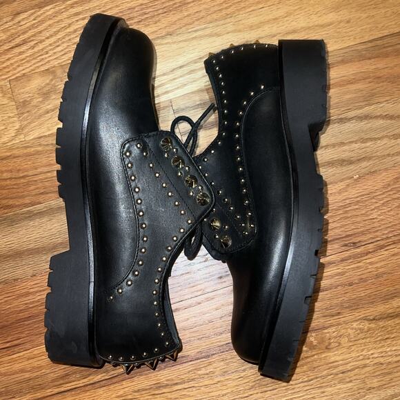 TWINSET Black Leather Gold Studded Low Combat Boots Lace Up Oxfords Size 38 7.5 - Picture 6 of 8